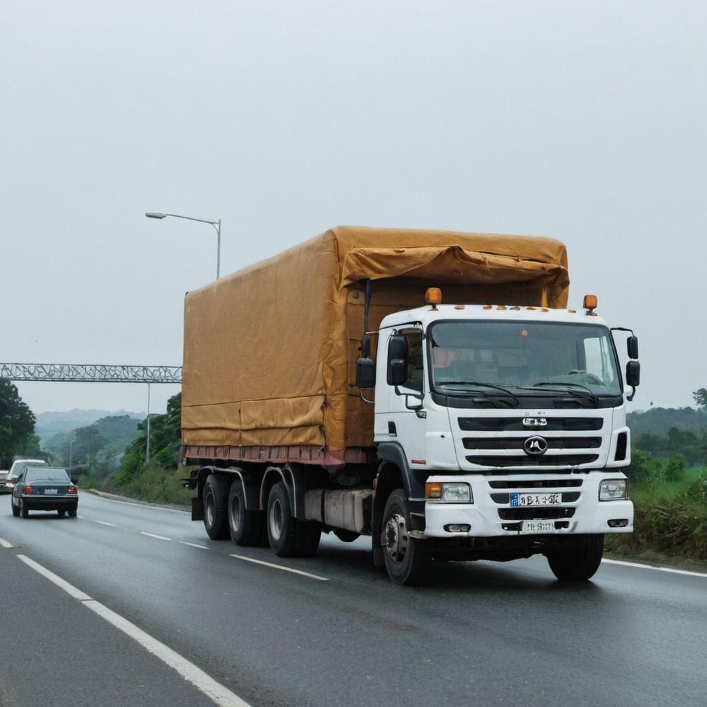 Caminhão com carroceria coberta por lona transportando carga em rodovia