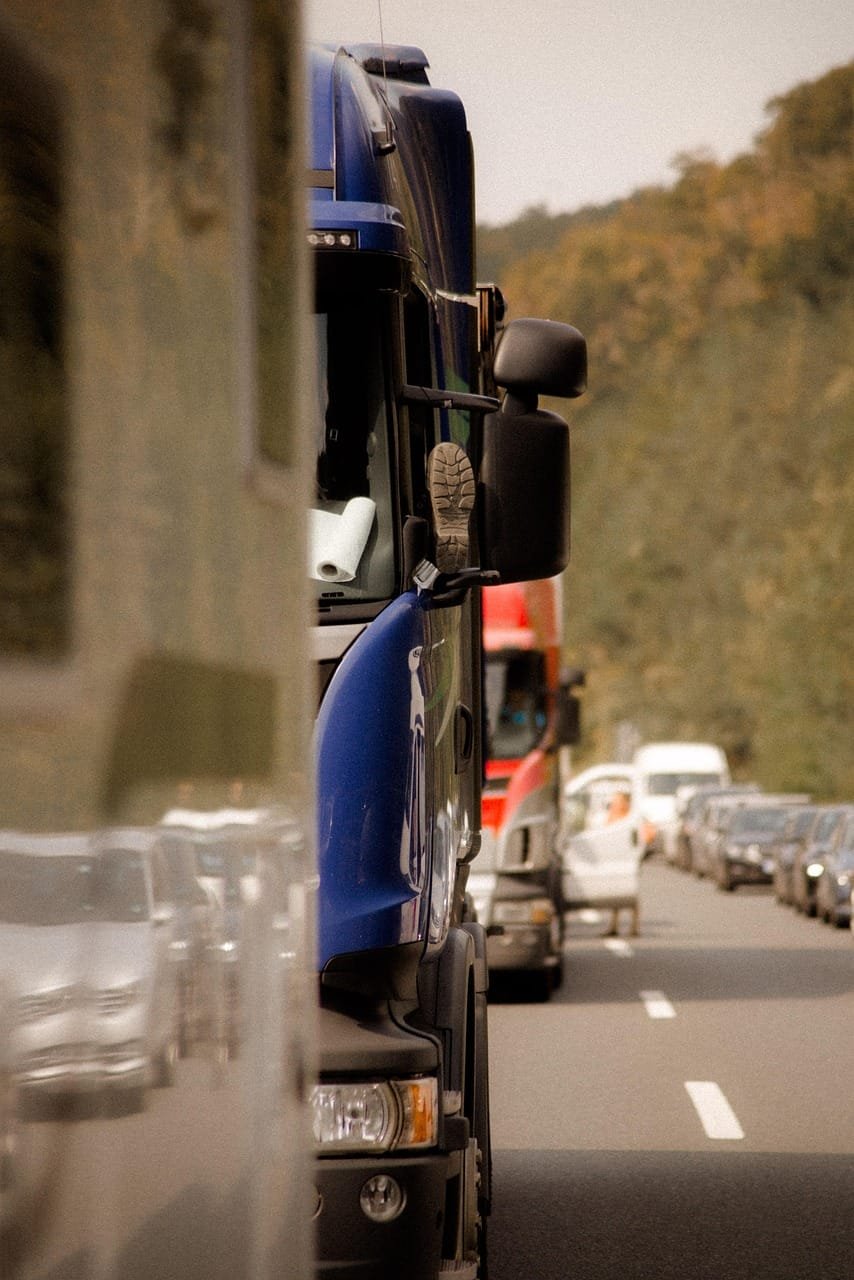 highway, traffic jam, road, trucks